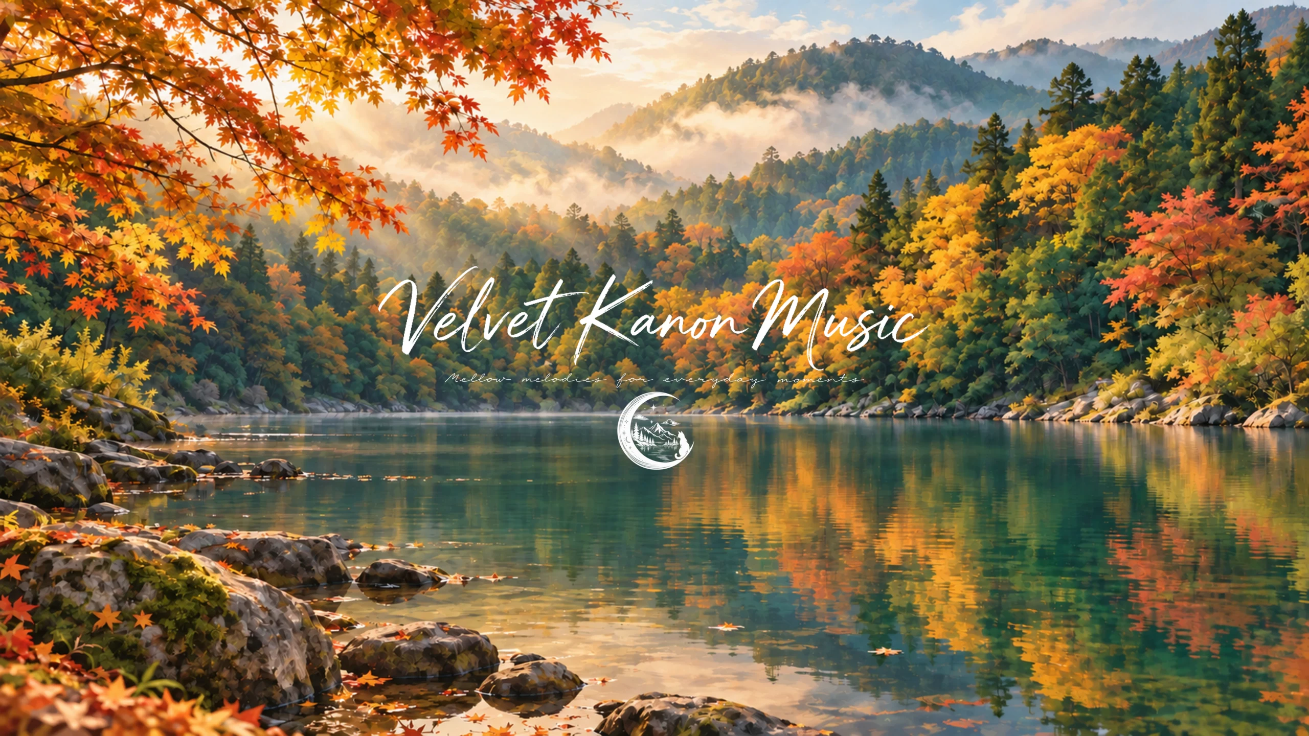 Velvet Kanon Music artwork: an autumn lake surrounded by golden and orange trees